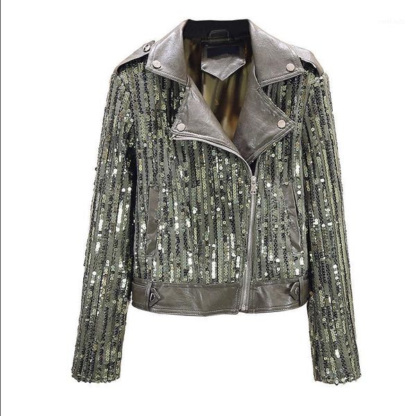 

new rivet sequins pu leather jacket women autumn motorcycle jacket streetwear slim zipper luxury womens coat1, Black