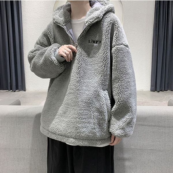 

autumn and winter clothes korean version of men's with hood loose cashmere thickened fleece coat for kg-446, Black