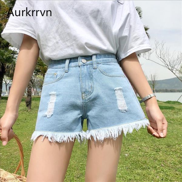 

aurkrrvn ripped blue denim shorts women fashion pocket mid waist frayed fringe summer female casual straight jean shorts denim1
