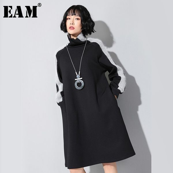 

[eam] women black side split joint temperament dress new turtleneck long sleeve loose fit fashion tide spring autumn 2020 jl232 lj201202, Black;gray