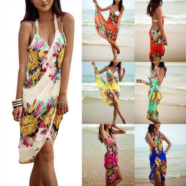 

printed cover ups beach dress women halter chiffon beach bikini wrap pareo skirts open back swimwear drop shipping, Black;gray
