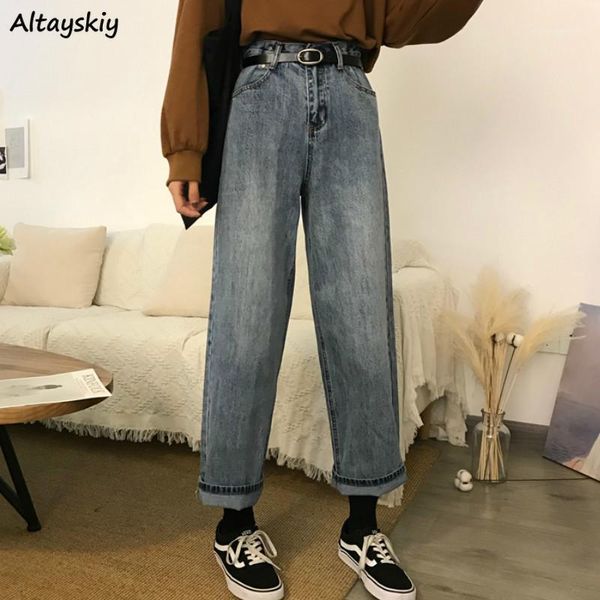

jeans women ankle-length zipper button pockets loose wide leg korean style bf students new trendy daily womens all-match1, Blue