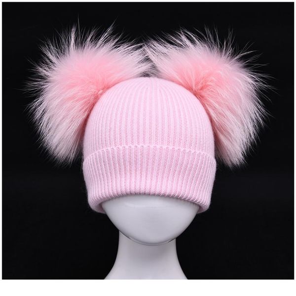 

children's winter toddler baby kids cashmere knitted hat beanie with 2 double real fur pom poms ears hat for boys a jllsva