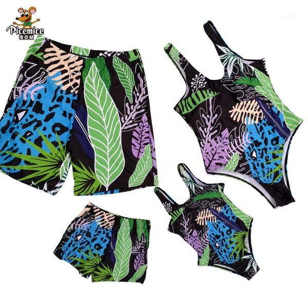 

family matching outfits swimsuit summer beach holiday blue leaf print mommy and me dad son swimwear shorts1