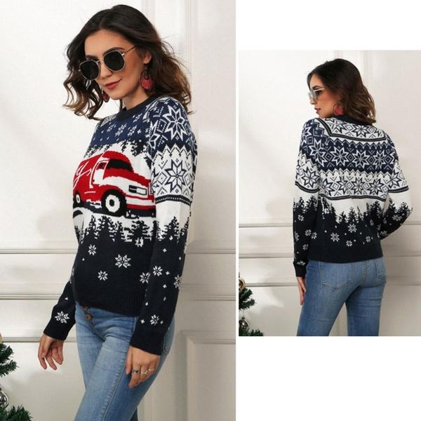 

women christmas long sleeve sweater snowflake jacquard o-neck jumper r3mc, White;black