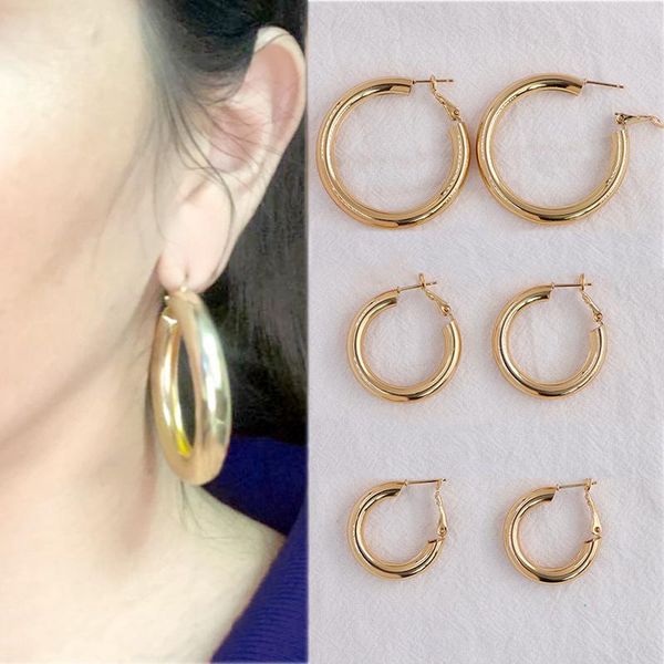 

hoop & huggie 2021 simple piercing earrings smooth ear decoration punk thick tube gold party women earring jewelry big circle alloy, Golden;silver