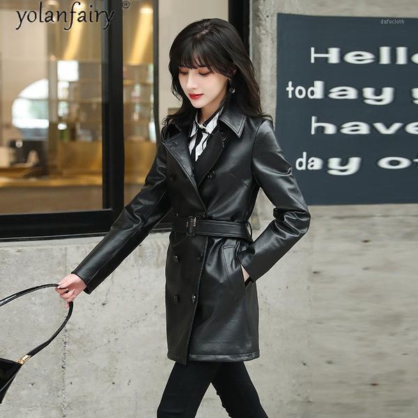 

genuine leather jacket women korean autumn clothes real sheepskin coat female leather trench coats slim fit kj61981, Black