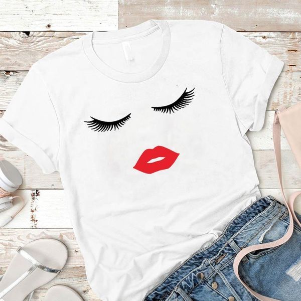 

beauty eye lashes red lips print women t shirt vintage casual short sleeve o neck t-shirt ladies white tshirt