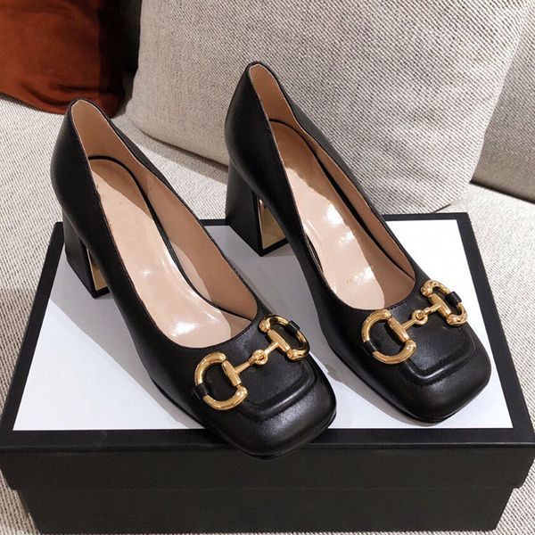 

italy brand socialite dress shoe women lambskin horsebit chain chaussures chunky heel mary janes shoes vintage luxurys designers shoes, Black