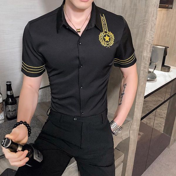 

men's casual shirts golden embroidered shirt summer men's short-sleeved slim fashion nightclub party tuxedo street clothing1, White;black