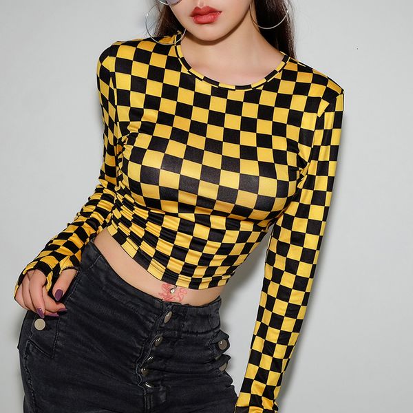 

yellow checkerboard long sleeve t shirt women streetwear crop tees harajuku plaid tshirt punk casual tee shirt, White