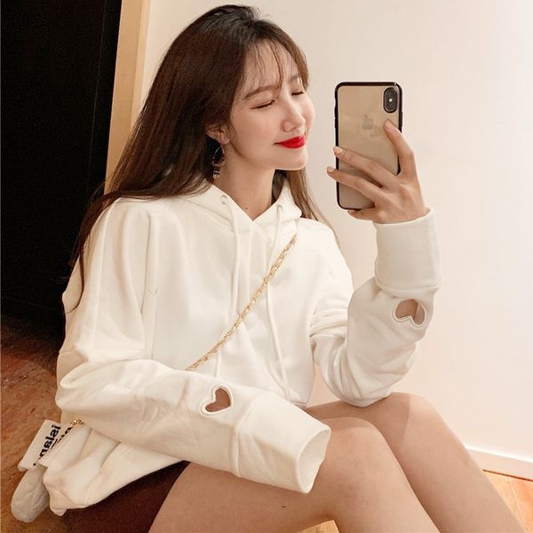 

2021 autumn women harajuku love hollow cotton loose hooded pullover vintage drawstring hoodies female l708, Black