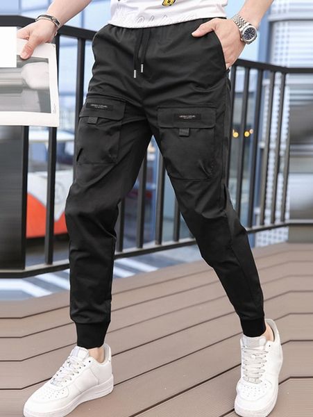 

men drawstring waist patch detail cargo pants f5ig#, Black
