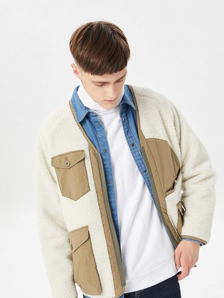 

men color block flap pocket raglan sleeve double face jacket f0h9#, Black;brown