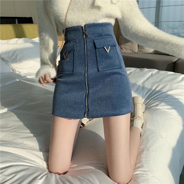 

women high waist tweed skirt women autumn winter fashion front zip slim a line mini skirt female korean bottom, Black