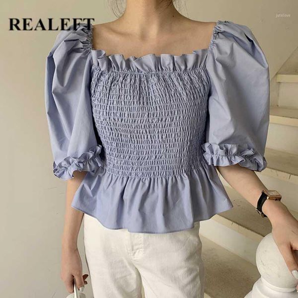 

realeft summer new 2020 elegant women's blouse puff sleeve sqaure collar ruffles chic casual loose short shirts female1, White