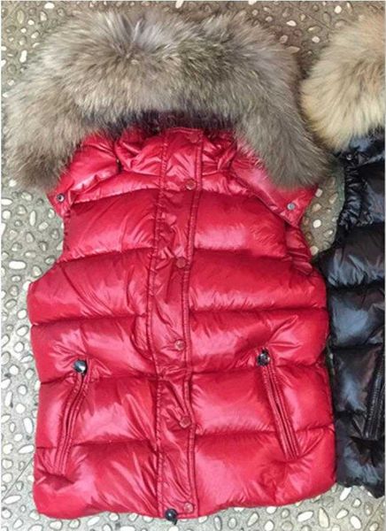 

women down nylon short vest black red real fur attached hooded designer lady button side pockets zipper warm winter vests, Black;white