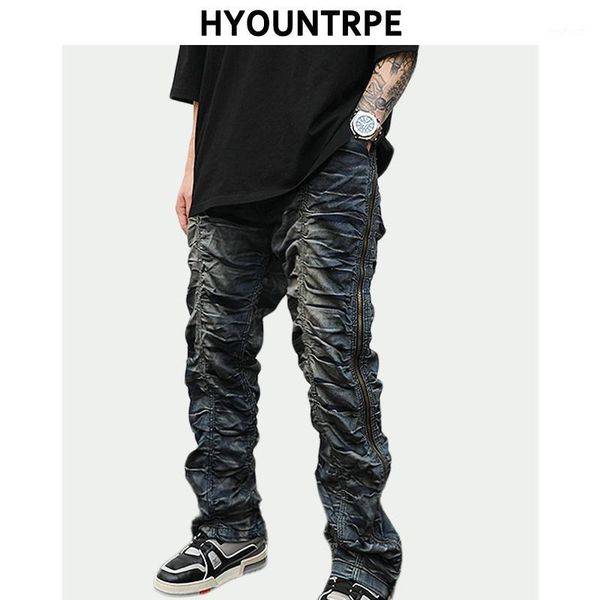 

high street side zipper distressed crushed fold denim jeans men hip hop elastic waist straight pants fashion biker pants joggers1, Blue