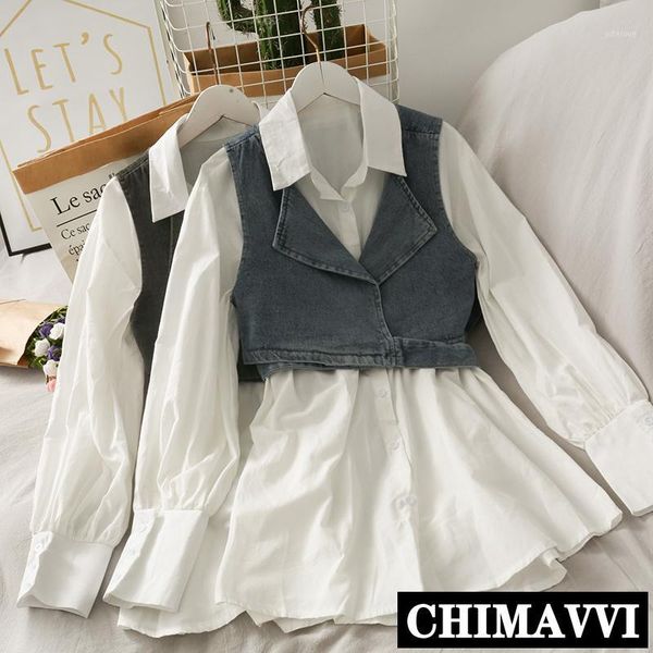 

korean-style fashion two piece set all-match short denim waistcoat vest + white shirt female autumn loose white shirt blouse1