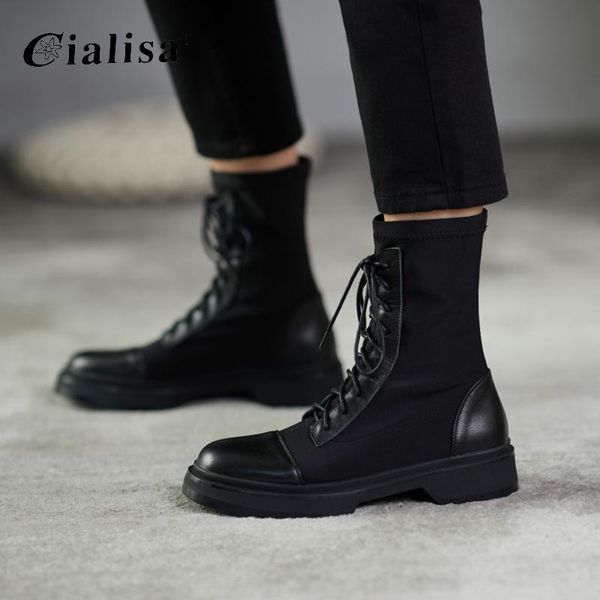 

boots cialisa women shoes genuine leather round toe mid heel ankle lace up 2021 fashion autumn winter patchwork black boot