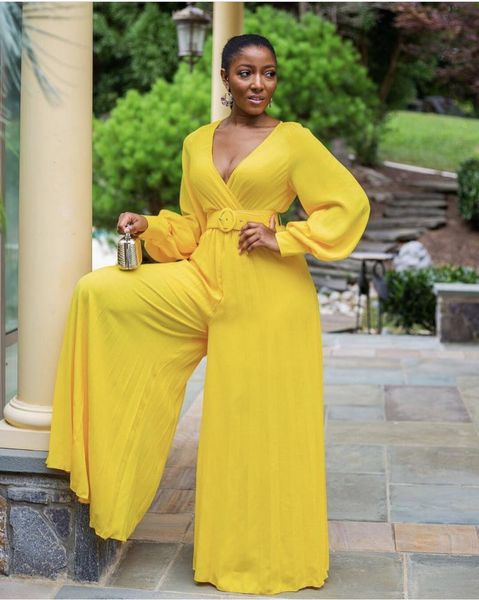 

ethnic clothing spring and autumn fashion african women long sleeve v-neck yellow jumpsuit clothes european, Red