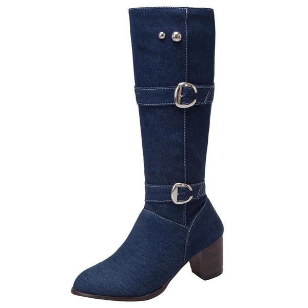 

boots women women's warm square heel shoes casual long tube denim fashion #yb40, Black