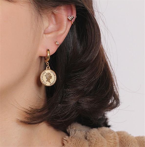 

stud yun ruo rose gold vintage queen head coin earring hook 316 l titanium steel fashion jewelry woman birthday gift not fade, Golden;silver