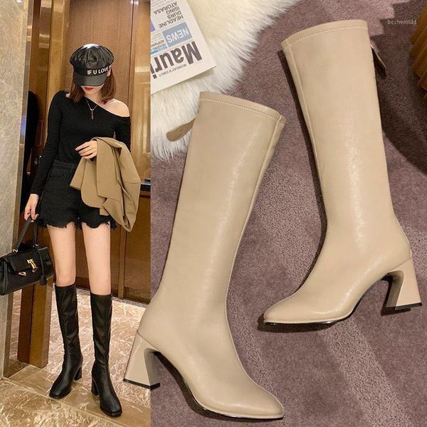 

boots women over knee female shoes zipper winter footwear boots-women over-the-knee med rubber ladies 2021 white hoof heels1, Black