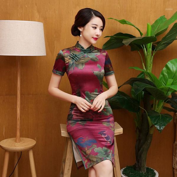 

new arrival chinese traditional dress vintage design short cheongsam silk charming evening dresses gambiered chinese dress qipao1, Red
