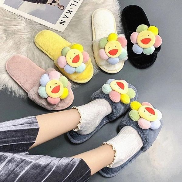 

2020 new home women fur slippers cute flower designer winter plush warm flat ladies casual shoes catton women furry slippers #ai8v, Black