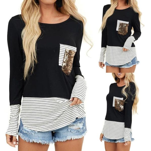 

plus size fashion womens o-neck long sleeves stripe sequins splicing blouse easy casual daily summer autumn comfy#52, White