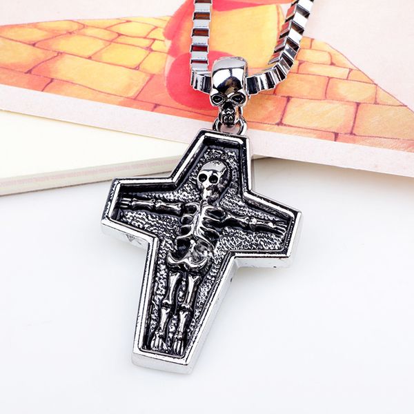 

long hip hop necklace pendant platform skull men's necklace, Silver