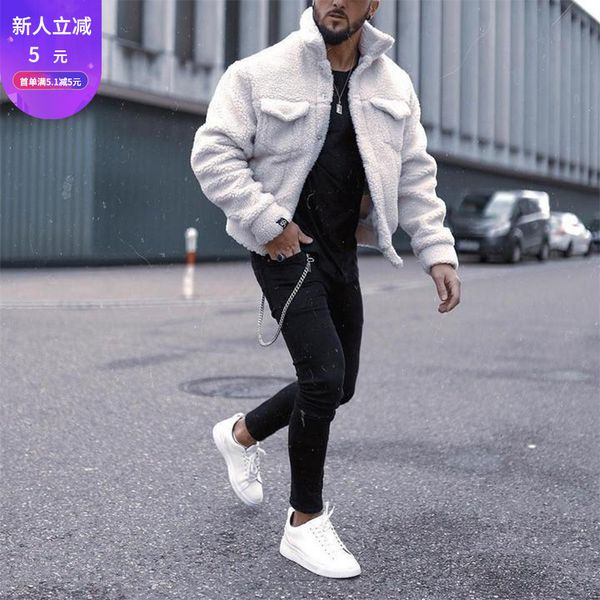 

2021 jacket men's lapel solid plush long sleeve coat, Black;brown