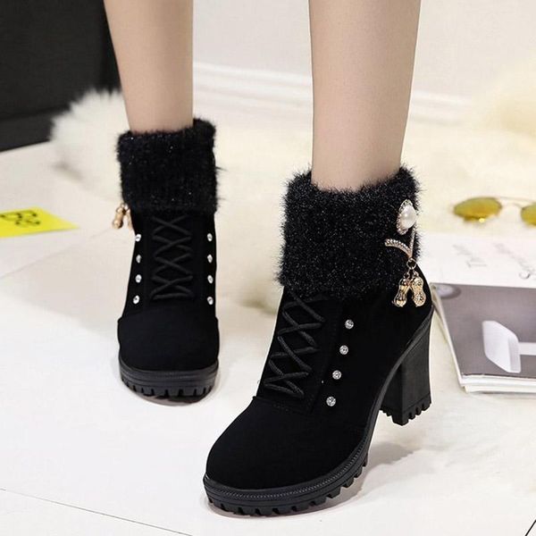 

2020 зимняя обувь женская платформа ботильоны rhinestone снегоступы крест связали высокие каблуки теплый плюшевые пинетки botas mujer 8373c, Black