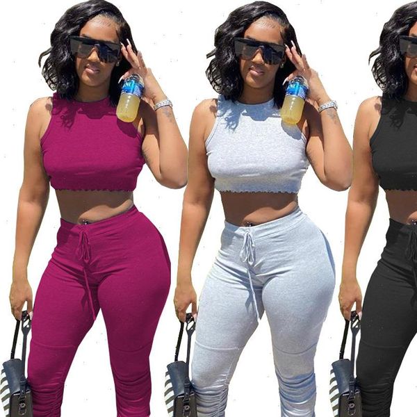 

sleeveless crop and pants women two piece matching set ruched pleated stacked pants set party club outfit, Gray