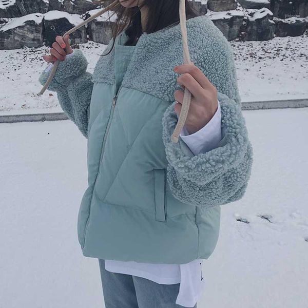 

women's down & parkas 2021 fur lambswool cropped coat women thick warm jacket winter zipper pocket casual solid outerwear soft sequin o, Black