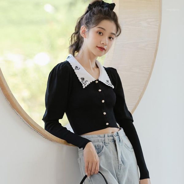 

new japan style embroidery turn-down collar puff sleeve short sweater women autumn winter single breasted slim cardigan sweaters1, White