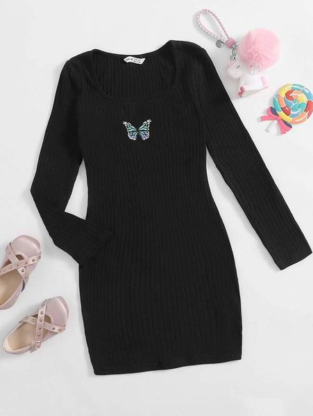 

girls butterfly embroidered rib-knit dress she, Red;yellow