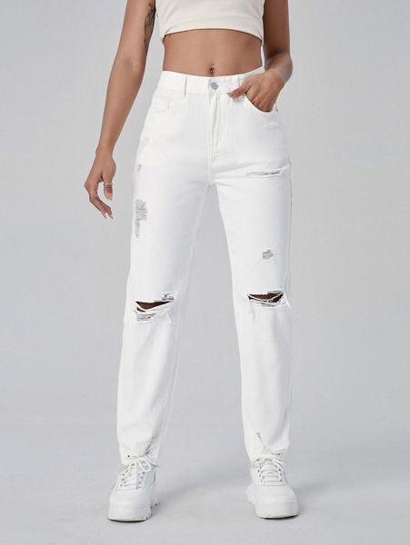 

high waisted ripped raw hem jeans m6c3#, Blue