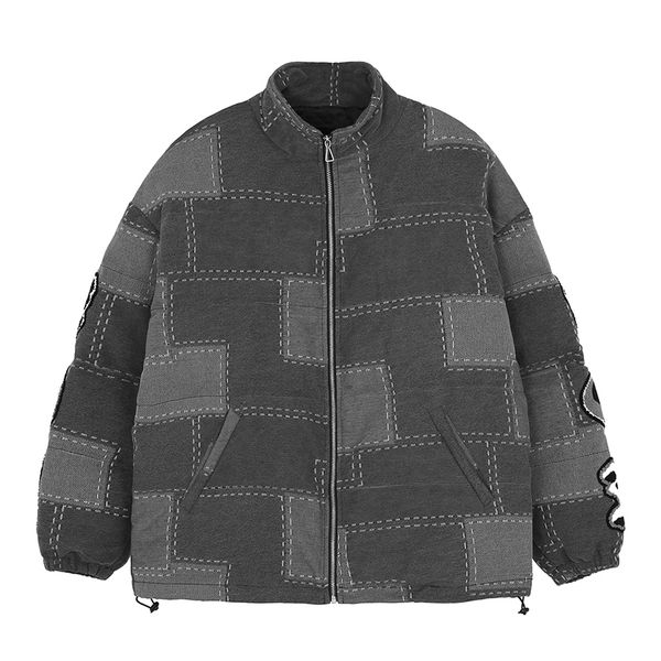 

2021 new hip hop parka jackets men streetwear plaid printed patch decoration block padded jacket winter harajuku cotton outwear coat 6x5s, Black