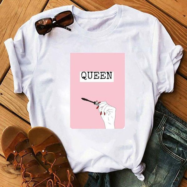 

ins style pink queen print t shirt women short sleeve o neck loose tshirt women tee shirt female clothes camisetas mujer, White