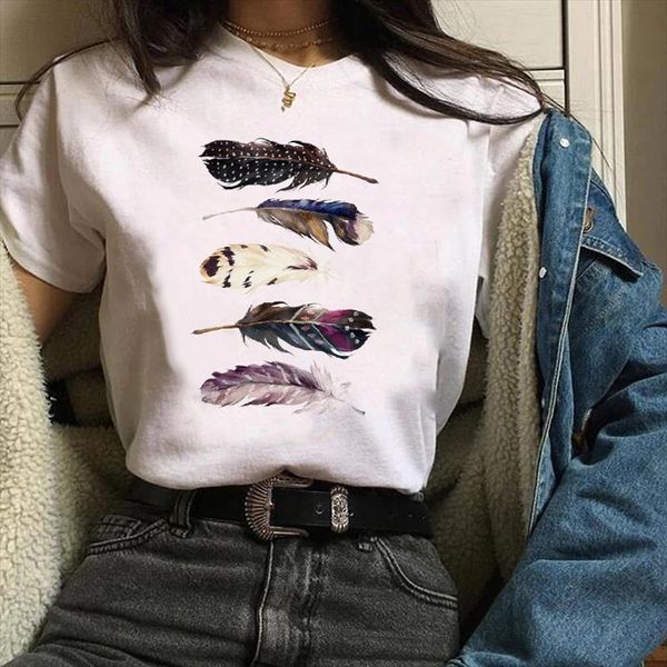 

women print clothes graphic feather printing 90s trend mujer camisetas ladies lady tees female t shirt womens t shirt, White