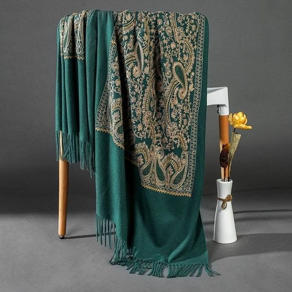 

fashion wild rhinestone embroidered scarf embroidered cashew embroidered shawl autumn and winter thick artificial cashmere scarf y201024, Blue;gray
