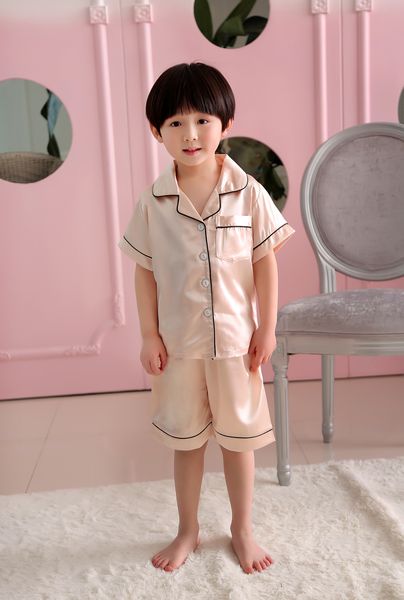 

fashion boys & girls silk-like pajamas sets 2-11t kids solid short sleeve home wear children pajamas + short pants=2pcs/set, Blue;red