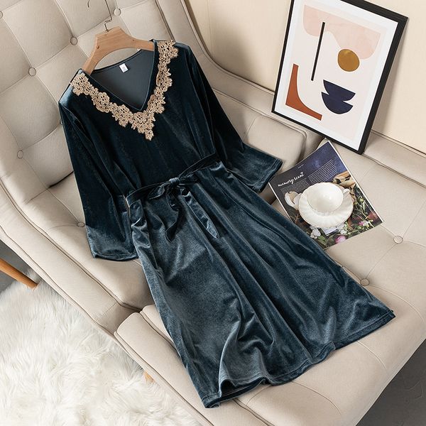 

Autumn New Sleepwear Women Nightdress Velvet Nightwear Nightgown Intimate Lingerie Full Sleeve Homewear Home Dressing Gown, Style b lake blue