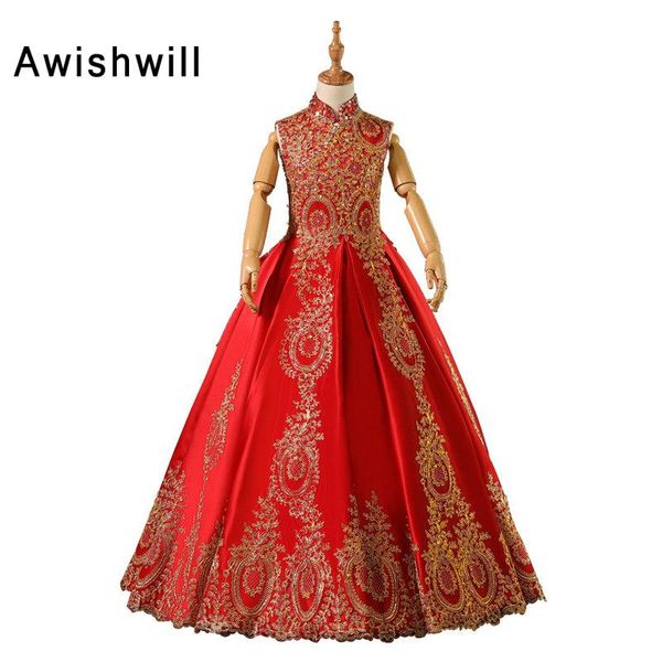 

2020 new first communion dresses for girls a-line gold lace flower girl dress high neck kids evening gowns vestido de daminha, Red;yellow