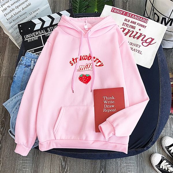 

merry pretty pink cute strawberry hoodie sweatshirt harajuku milk graphic hooded pullovers school girls tracksuit 2xl 201102, Black