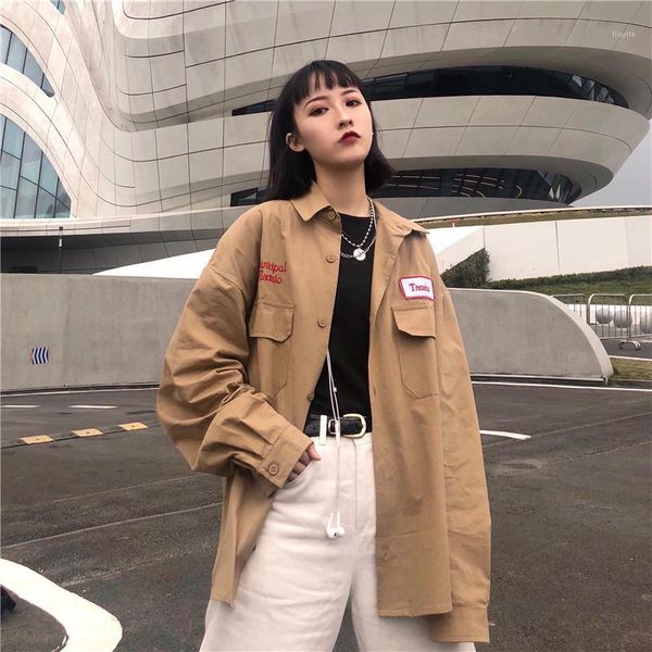 

harajuku women's clothing letter embroidery streetwear casual fashion oversize pockets woman jackets new shirts coats unisex1, Black;brown
