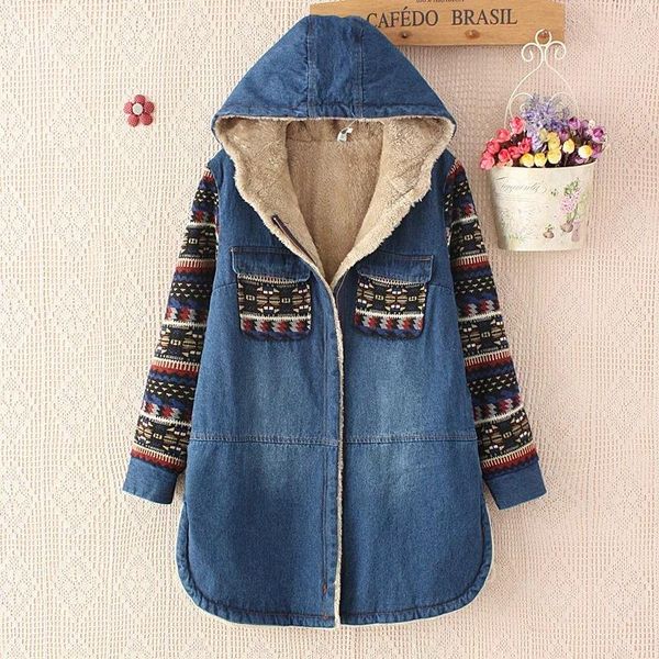 

women's down & parkas hooded denim cotton jacket cotton-padded 2021 winter ladies pocket patchwork printed thick coat warm jeans, Black