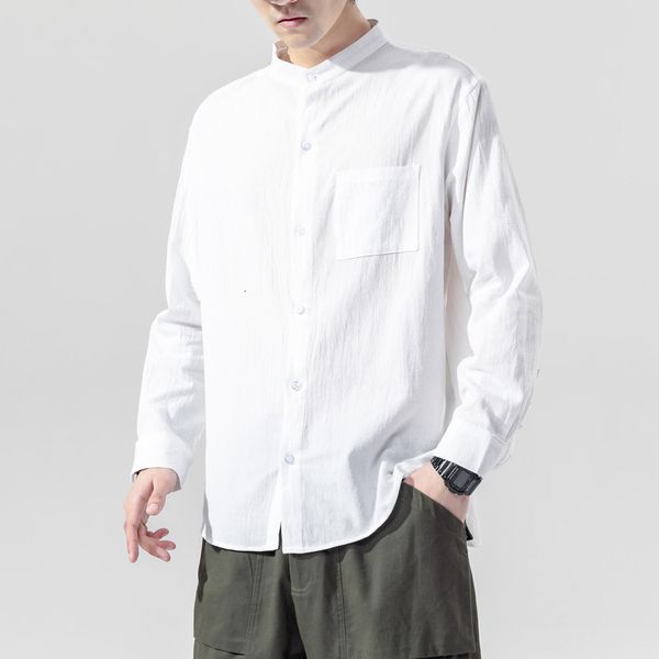 

autumn winter 2020 large casual cotton / solid men's loose linen long sleeve shirt, White;black